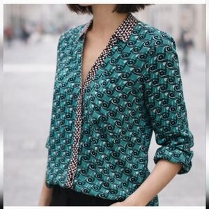 🌿Maeve Teal Geometric Print Button-Up Blouse with Contrast Trim